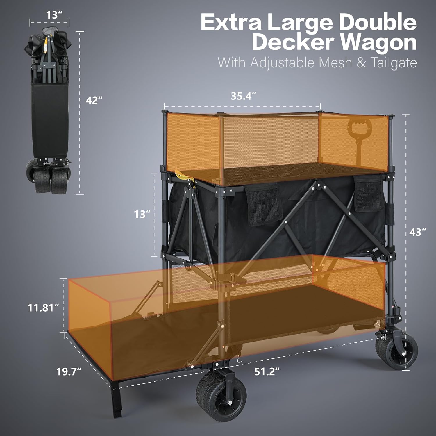 Double Decker Wagon with Retractable Mesh & Tailgate - 560Lbs Load Hea