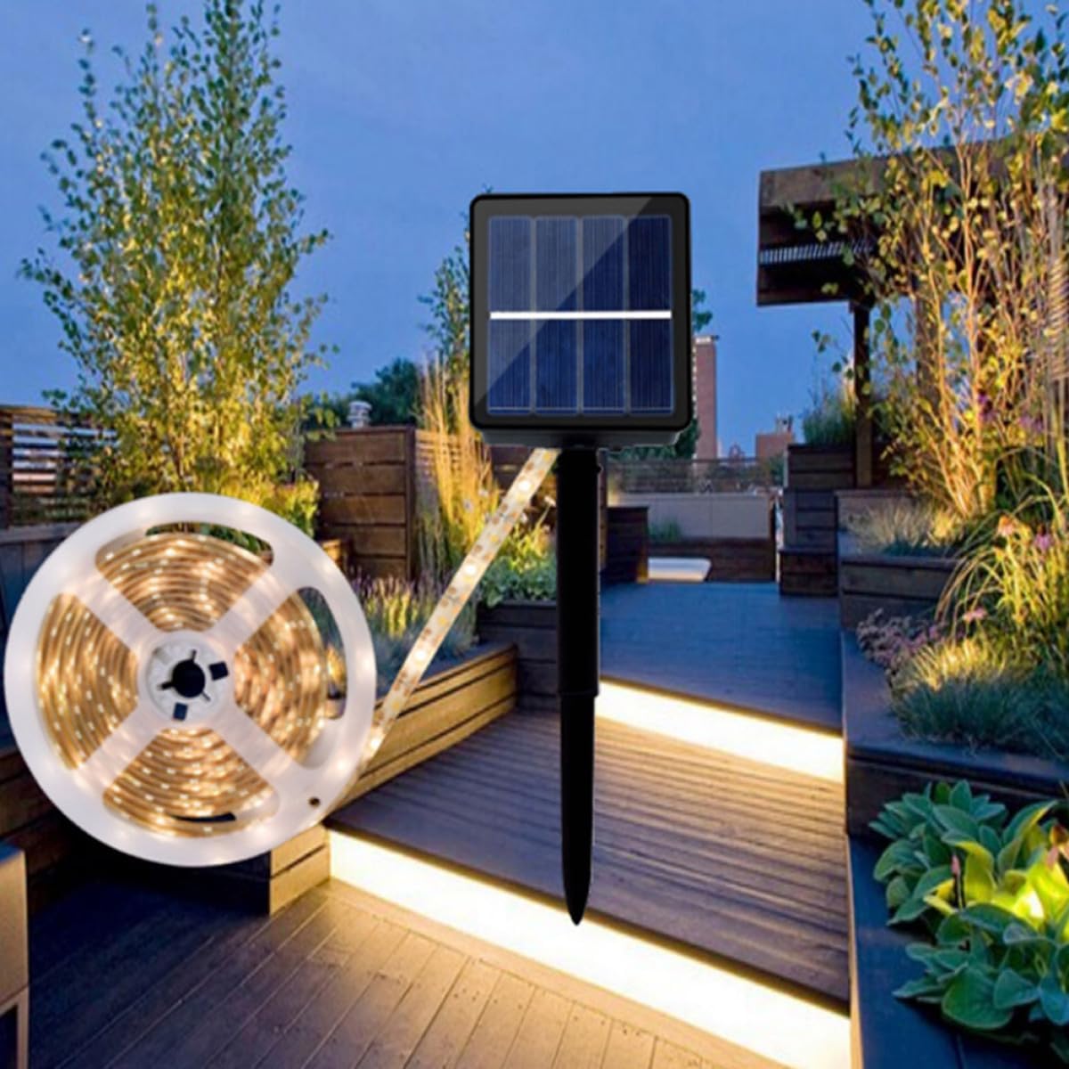 Solar Tape Lights Outdoor LED Strip Warm White 3500k Solar Powered Garden Lawn Lighting for Patio Porch Yard Decoration