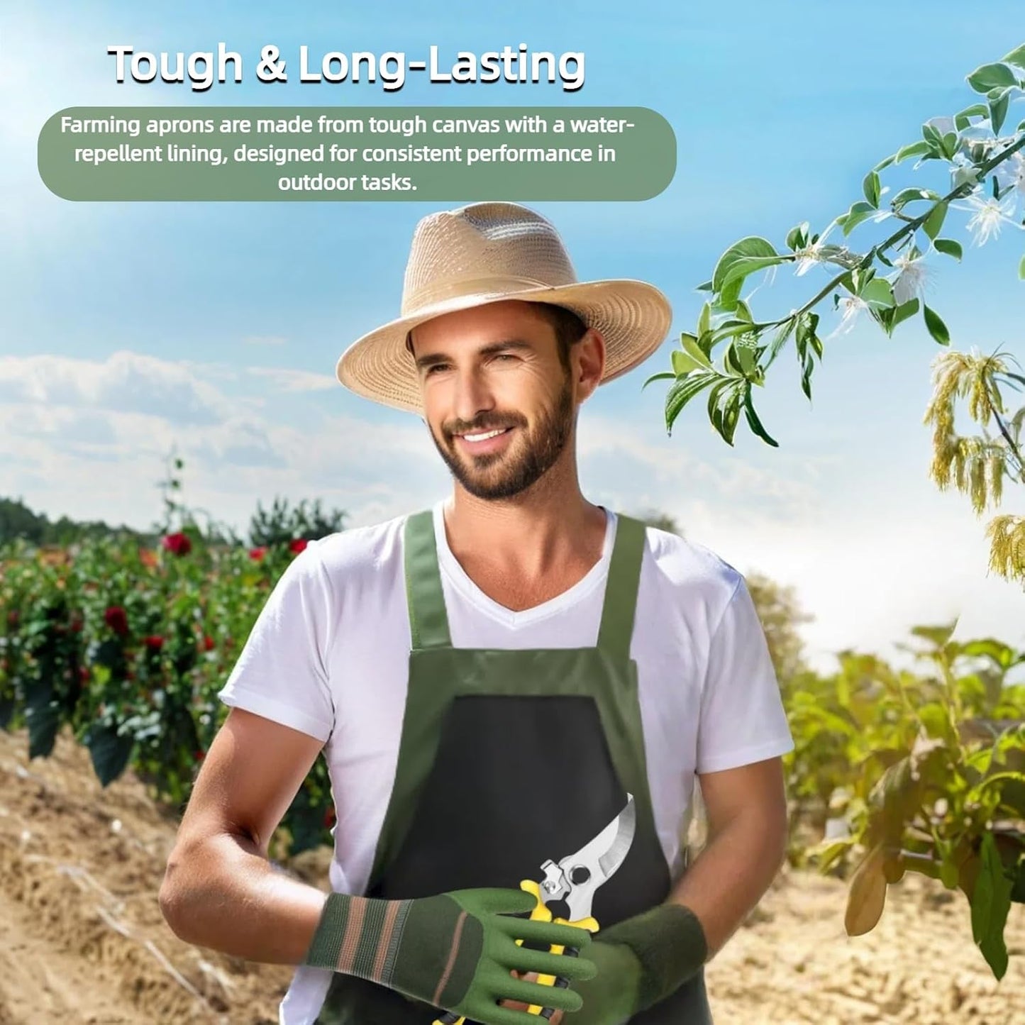Garden Apron with Green Gloves-Adjustable Waist, Water-Repellent Gardening Apron with Pockets for Gardening and Kitchen Tasks