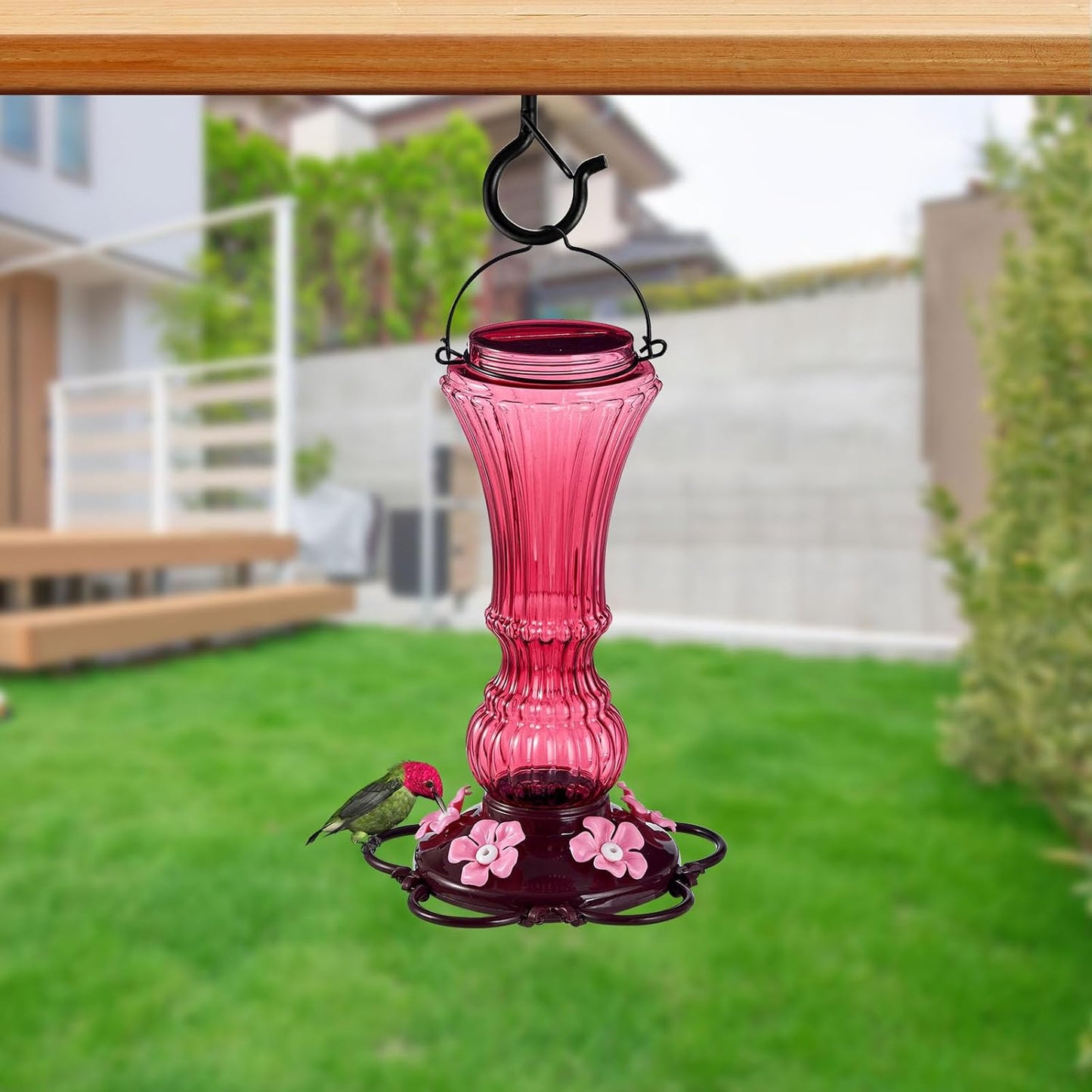 2 Pack Hummingbird Feeder for Outdoors Plastic Bee Proof Humming Bird Nectar Feeders with 5 Flower Feeding Ports Hanging for Outsides Garden Decor, 20 oz