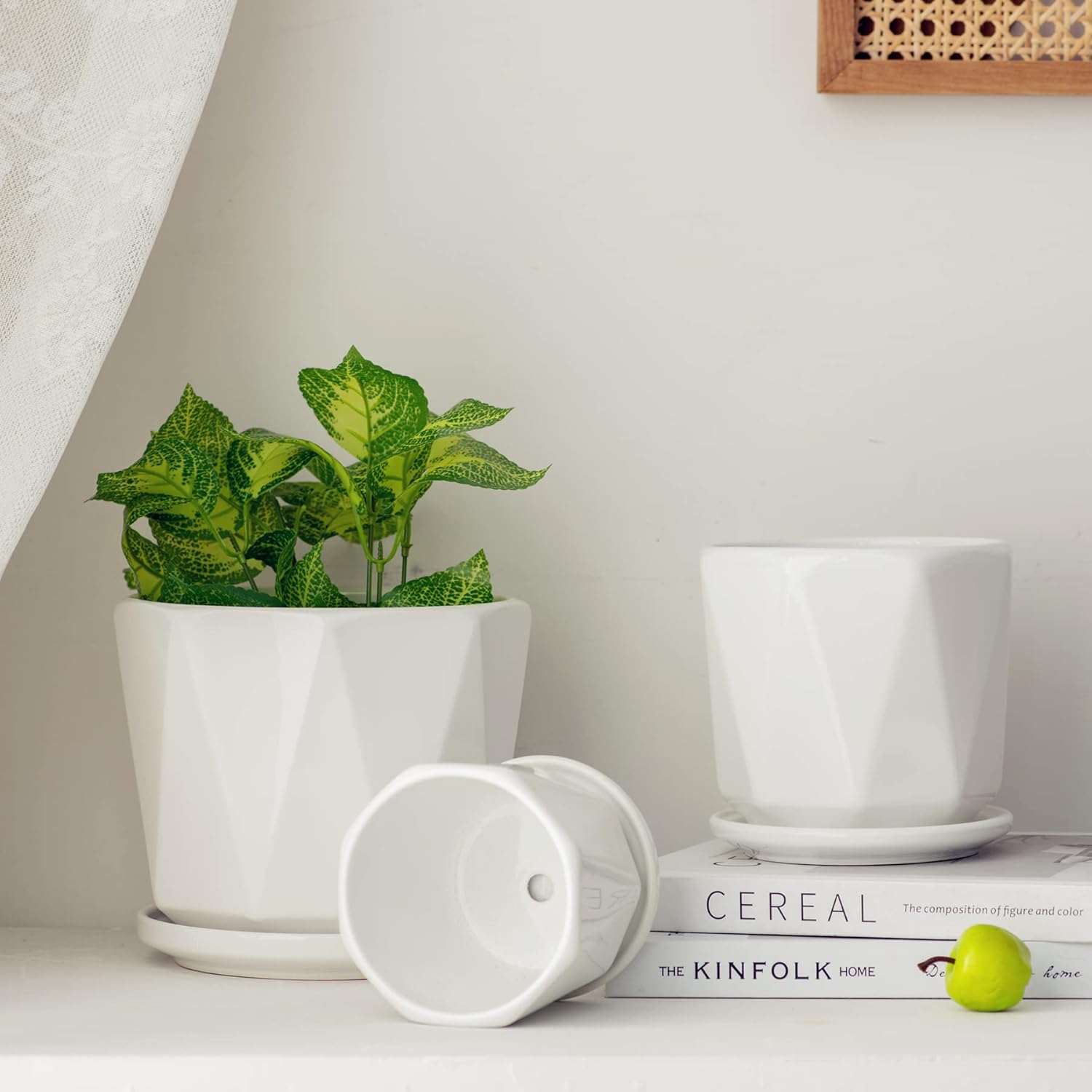 Octagon Ceramic Plant Pots - Indoor White Flower Planter Set with Drai