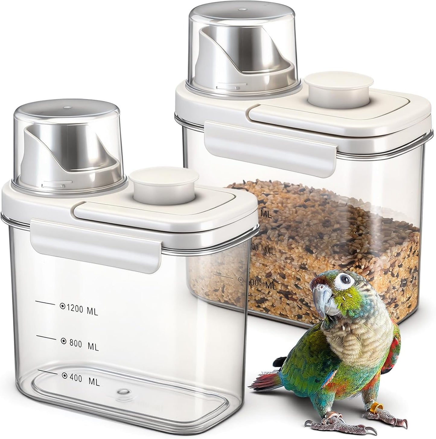 Maxdot 2 Pcs Bird Seed Storage Container 1.7 Qt/1.6 L with Tight Lids Airtight Cup Pet Food Storage Measuring Containers Lids with Pouring Spouts for Macaws African Grey Cockatoos(Beige)