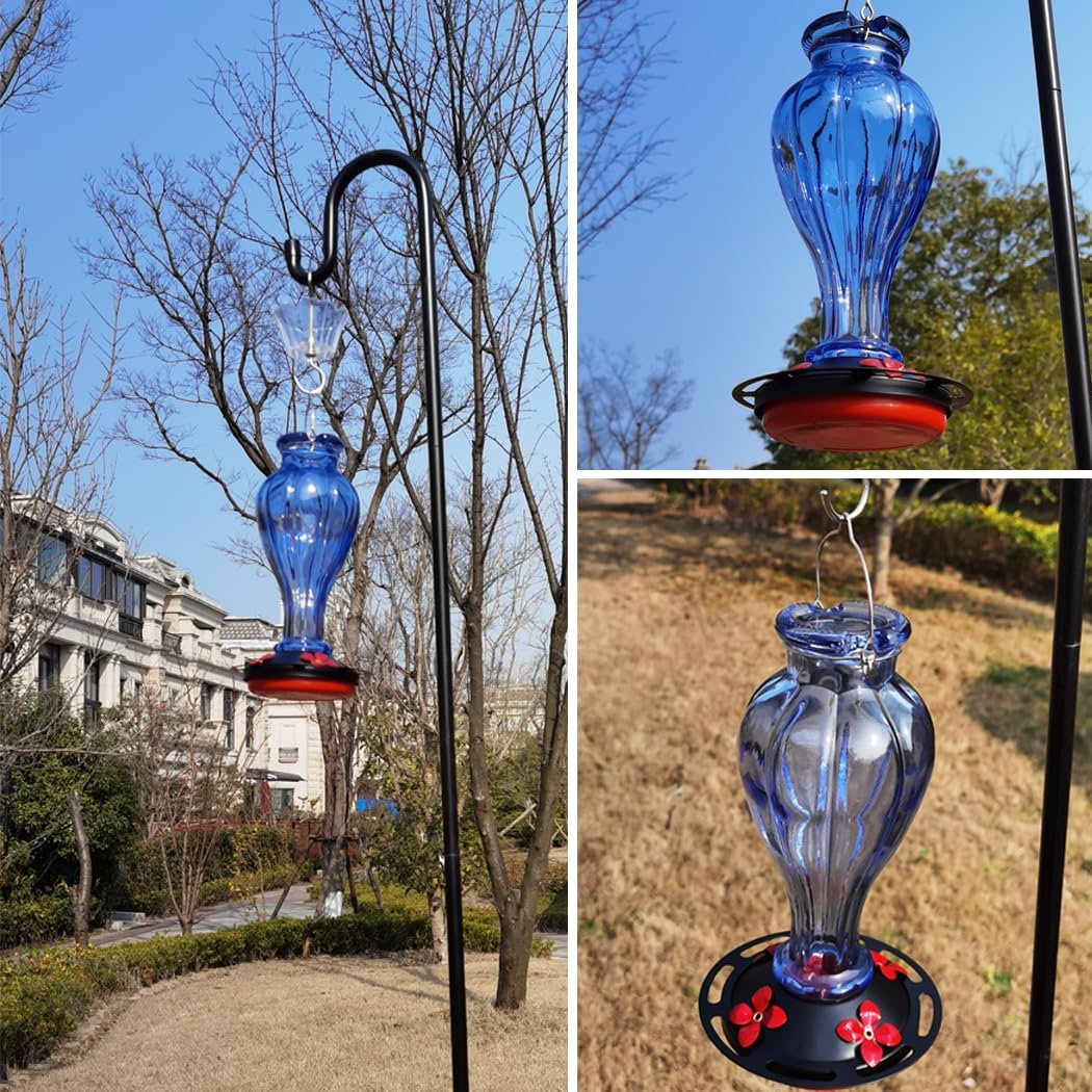 Hummingbird Feeder for Outdoors Hanging - Blue Glass Nectar Feeding Bo