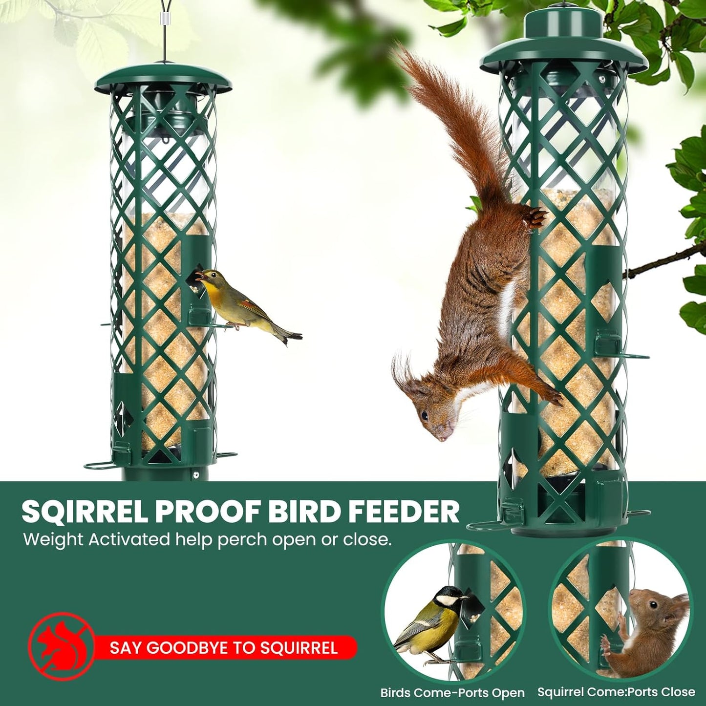 Squirrel Proof Bird Feeder for Outdoors, Weight-Activated Metal Hanging Bird Feeder, 3LB Large Capacity Wild Bird Feeder with Drainage Holes for Garden Patio Yard, Green