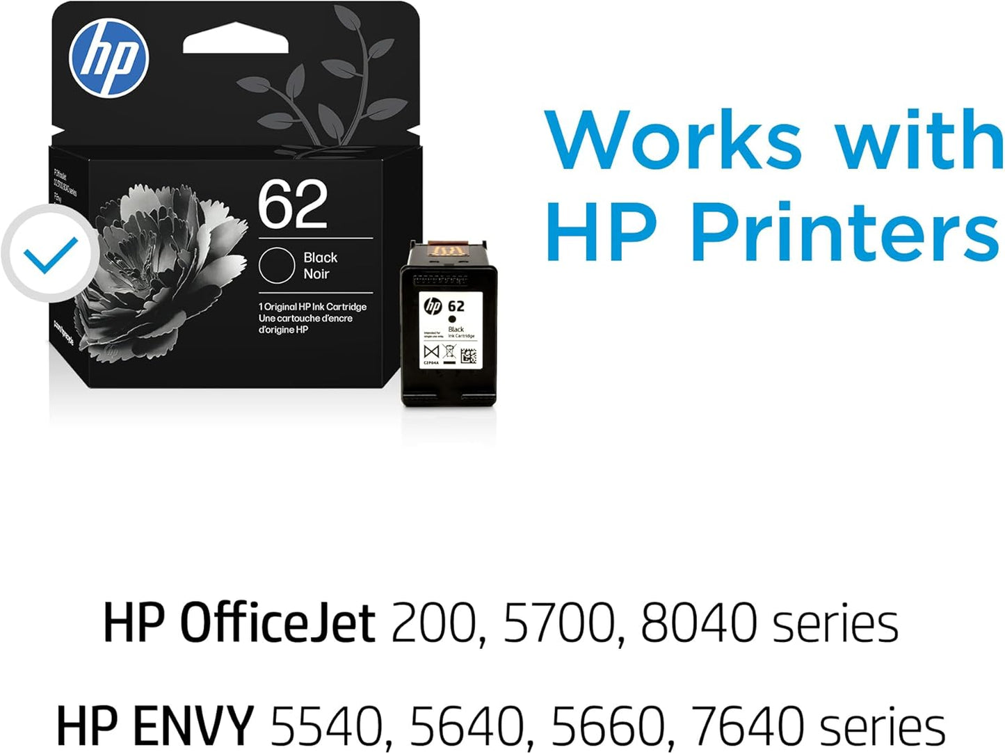 HP 62 Black Ink Cartridge | Works with Envy 5540, 5640, 5660, 7640, Of