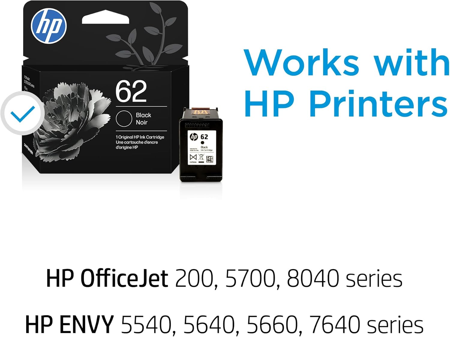 HP 62 Black Ink Cartridge | Works with Envy 5540, 5640, 5660, 7640, Of