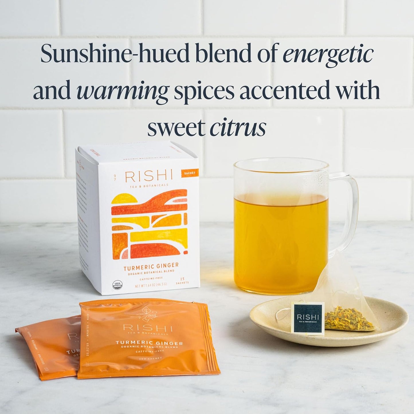 Rishi Tea Turmeric Ginger Herbal Tea | USDA Organic Direct Trade Sachet Tea Bags, Certified Kosher, Caffeine Free Ayurvedic Tea Blend, Immune Support with Citrus for Taste | 15 Count (Pack of 1)