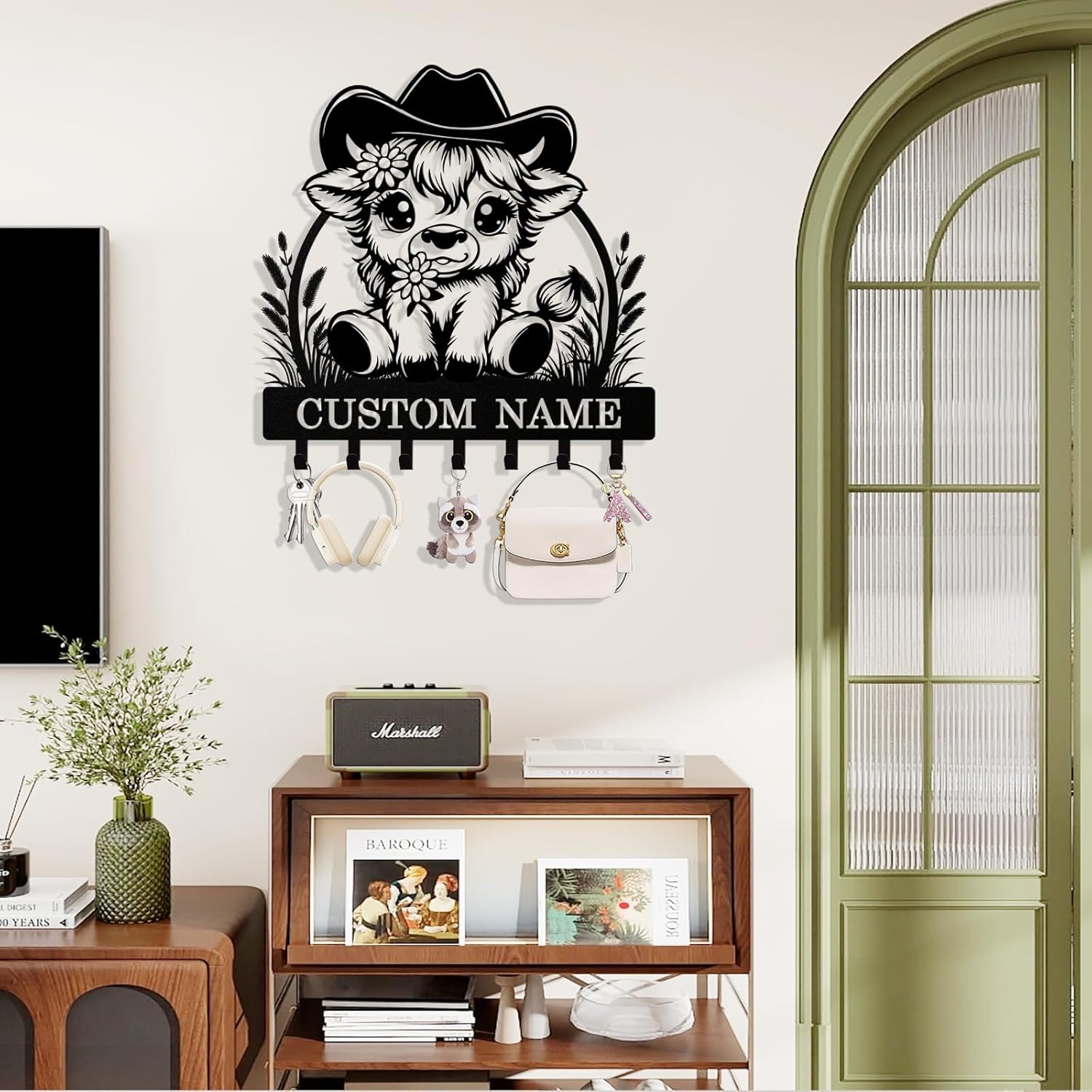 Personalized Key Holder Wall Mount, Custom Metal Highland Cow Keys Hol