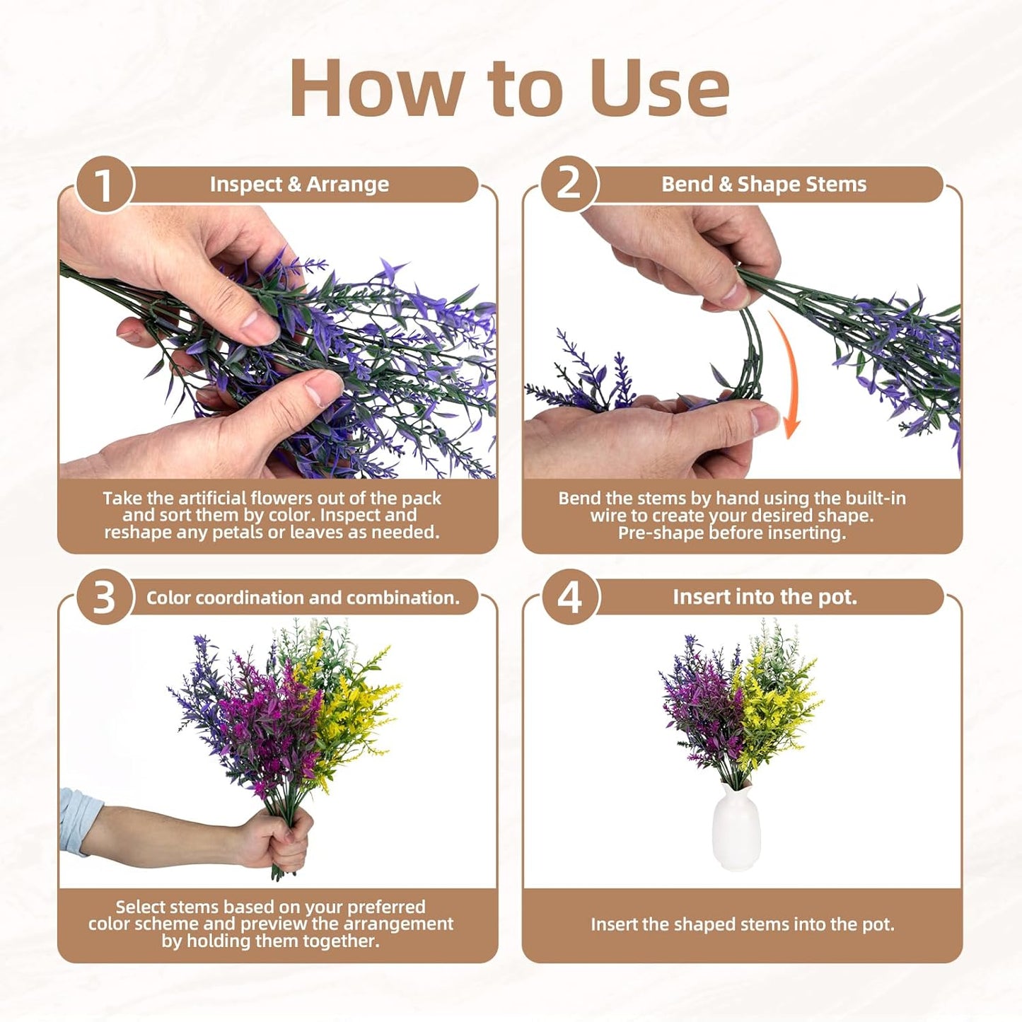 Artificial Flowers Outdoor, Artificial Plants Outdoor for Spring Summer, Lavender Artificial Flowers, for Garden, Porch, Patio, Window Box, Wedding (8, Purple, Fuchsia, White, Yellow)