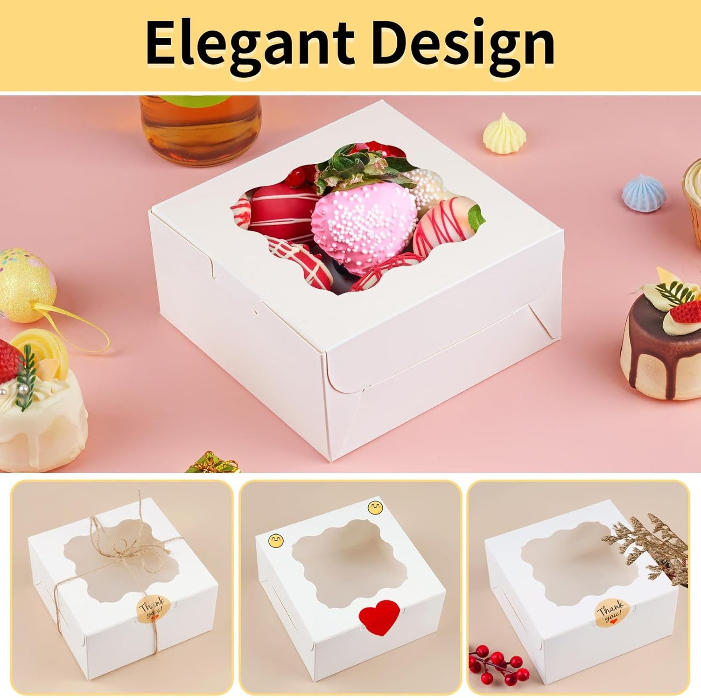 WINKIO 12 Pieces Cookie Boxes with Window, 6×6×3 Inches Treat Boxes for Bakery Dessert Pastry Mini Cake Favor Donut Baked Goods (White, with Stickers)