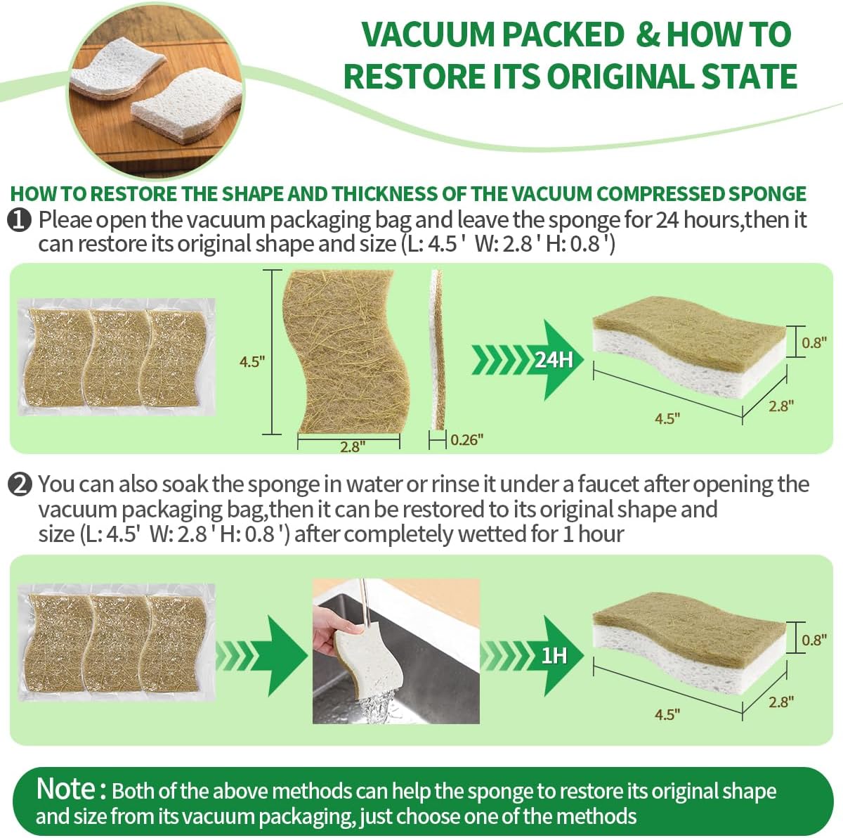 Sponges Kitchen Natural Dish Sponge Plant-Based Biodegradable Compostable Cellulose with Coconut Scrubber Sponge Non Scratch Eco Friendly Kitchen sponges for Kitchen Dishes（Pack of 12）