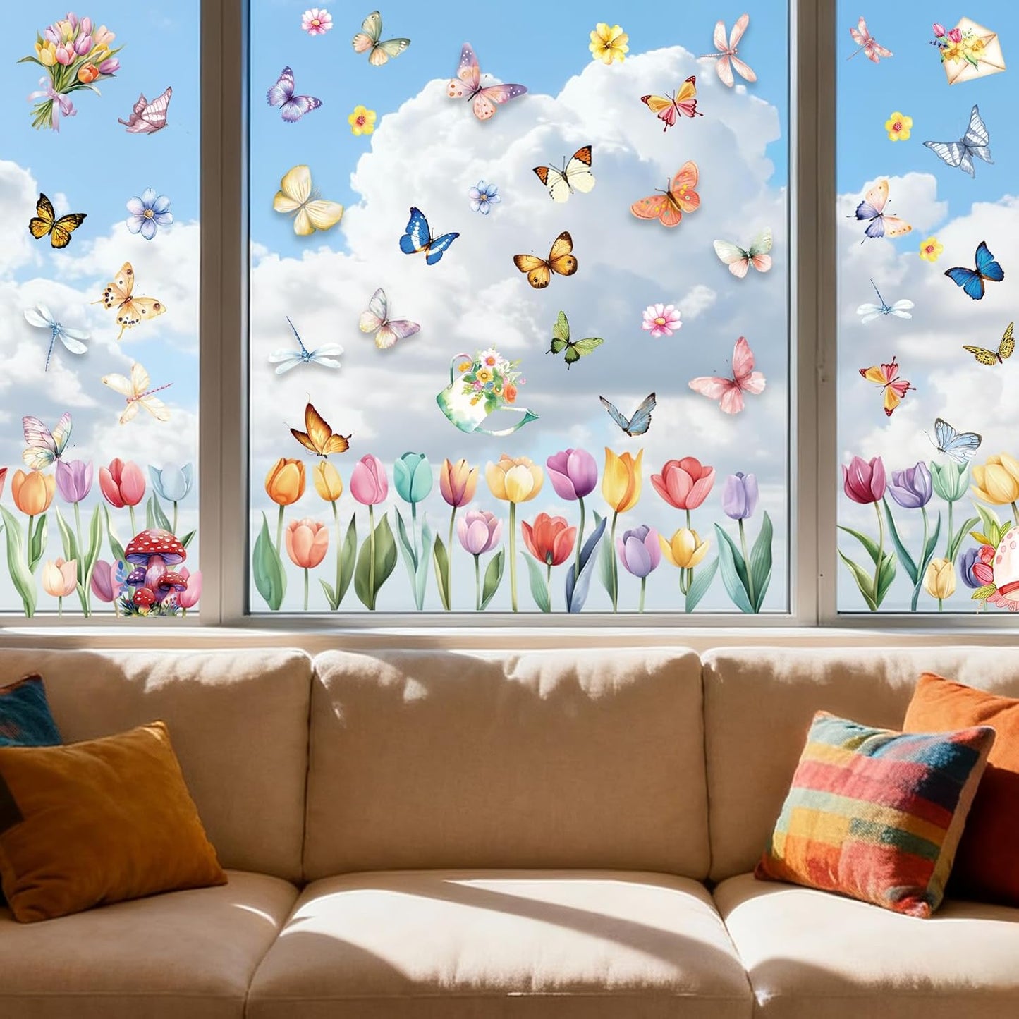 9 Sheets Spring Window Clings Decor, Flower Butterfly Window Stickers, Tulip Floral Decals for Summer, Easter, Spring Decorations for Home, Office, Classroom