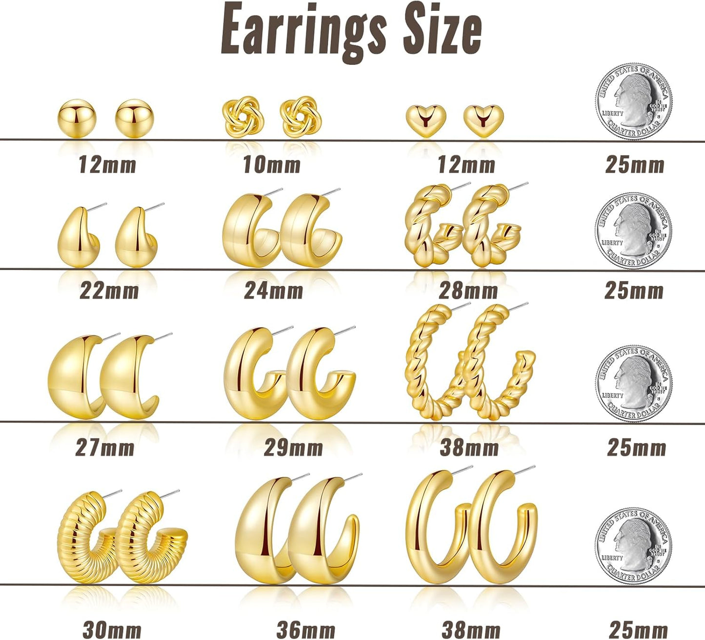 12 Pairs Chunky Gold Hoop Earrings for Women Trendy, Gold Plated Light