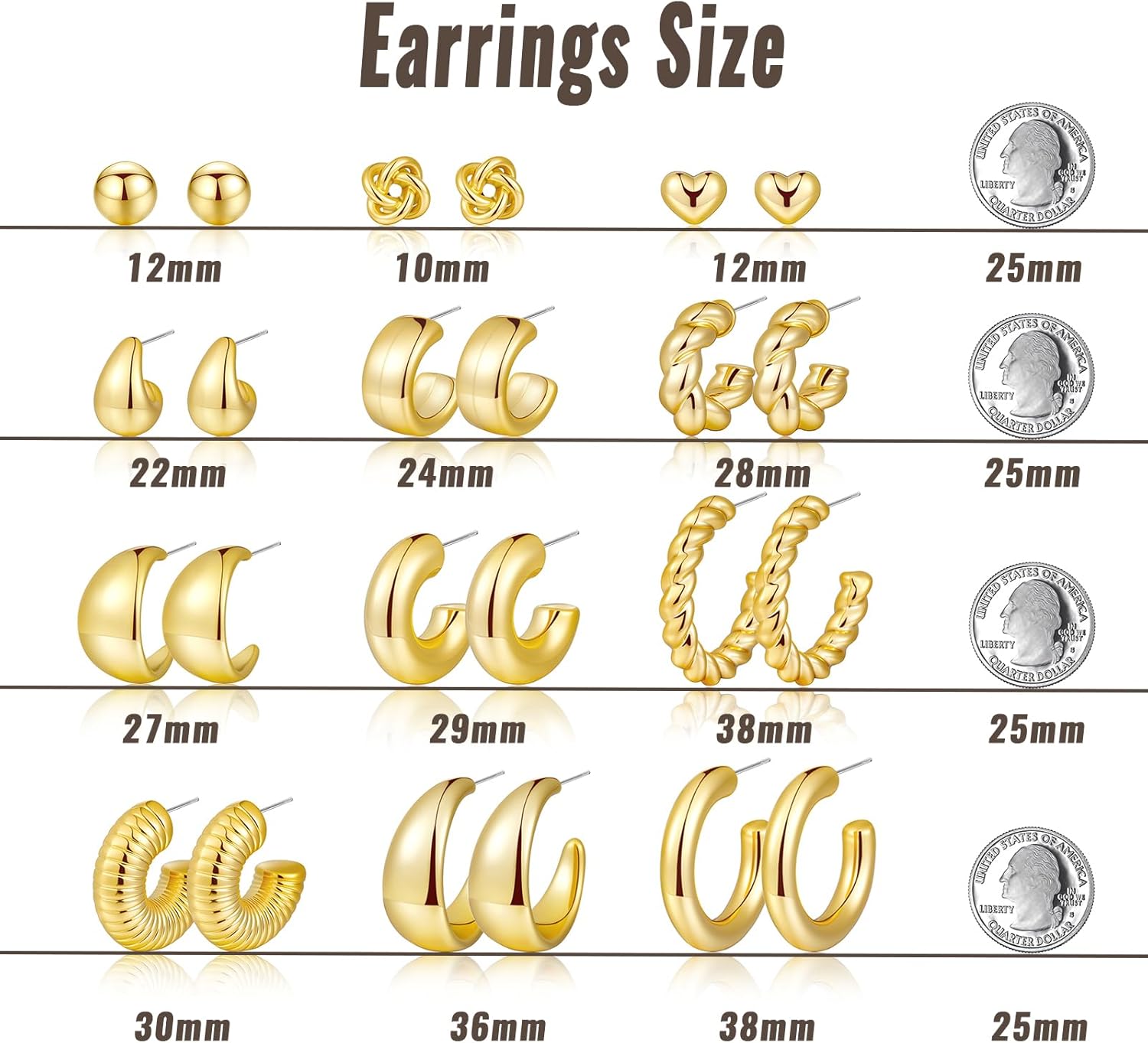 12 Pairs Chunky Gold Hoop Earrings for Women Trendy, Gold Plated Light
