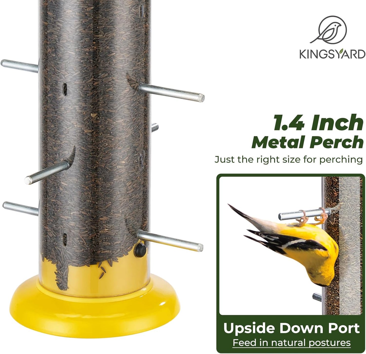 Kingsyard Metal Finch Feeder for Thistle/Nyjer Seed, Tube Bird Feeders for Outdoors Hanging, 2 lbs Large Capacity, Easy to Refill & Clean, Yellow