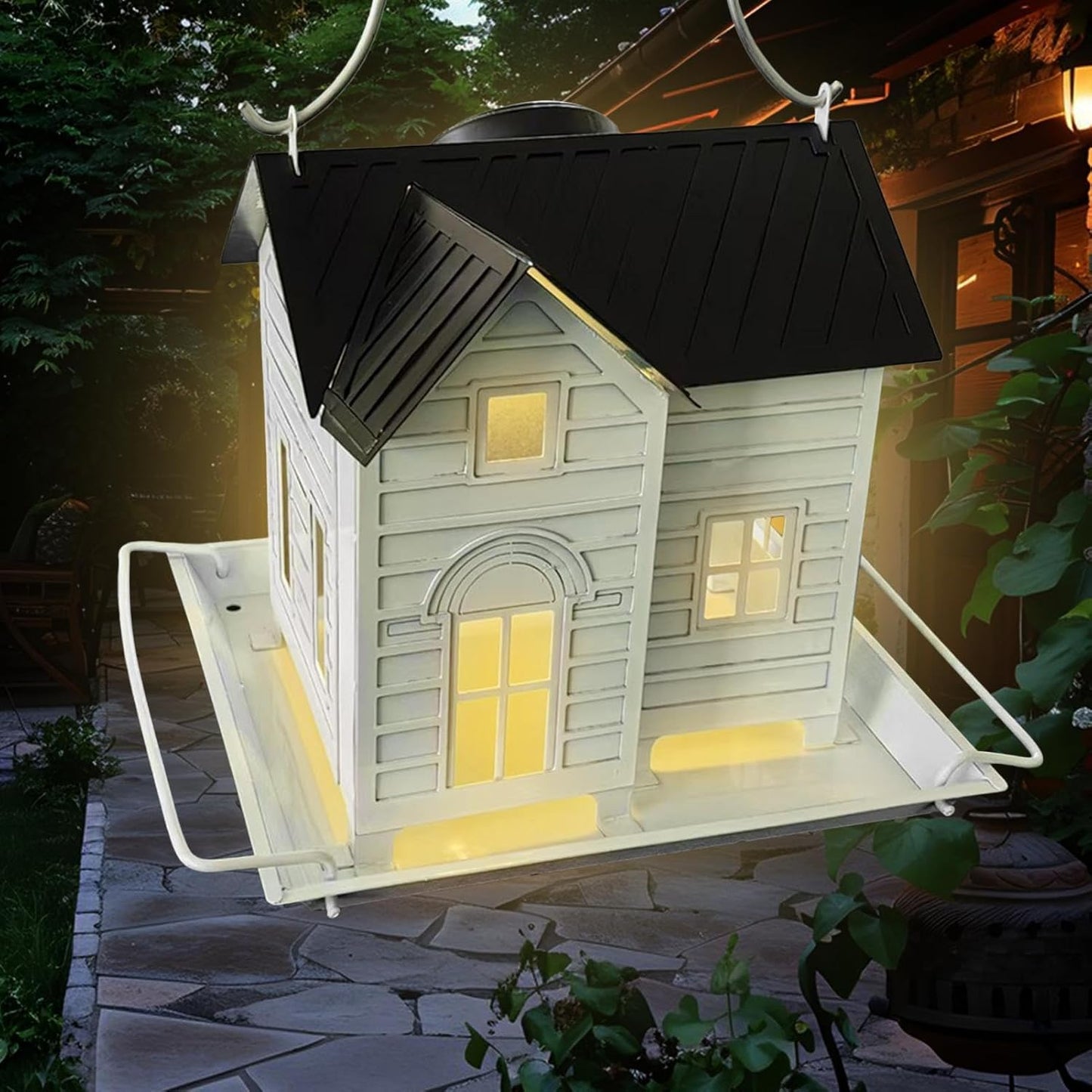 Solar Cabin Bird Feeder, Birdhouse Bird Feeders for Outdoors Hanging, Metal Finch Food Dispenser with Solar Powered Lantern for Garden, Balcony, Patio