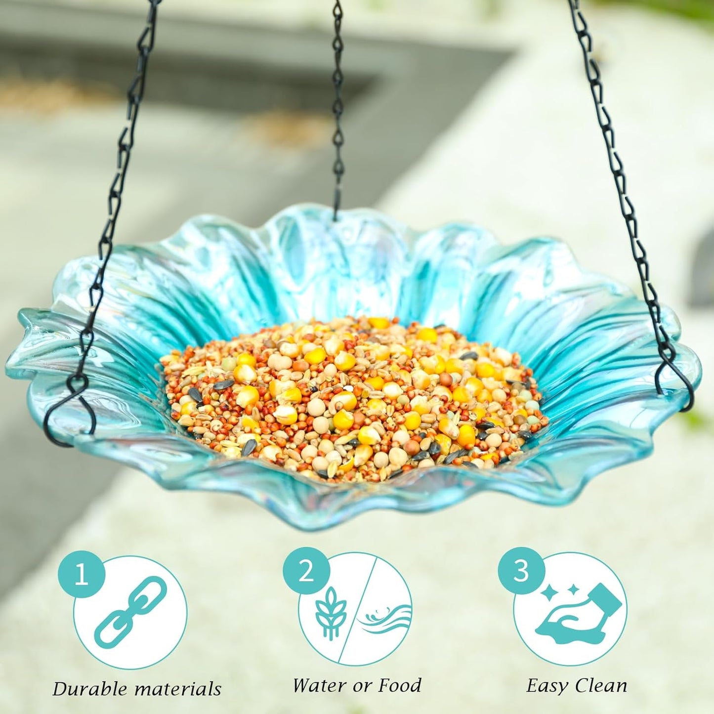 VCUTEKA Bird Bath, Glass Hanging Bird Baths for Outdoors Birdfeeder wi