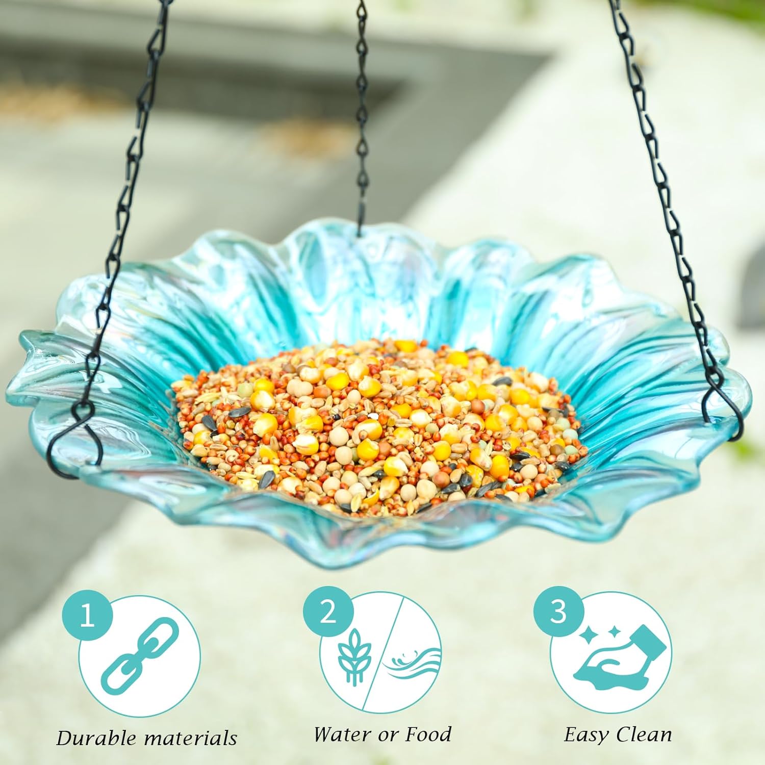 VCUTEKA Bird Bath, Glass Hanging Bird Baths for Outdoors Birdfeeder wi