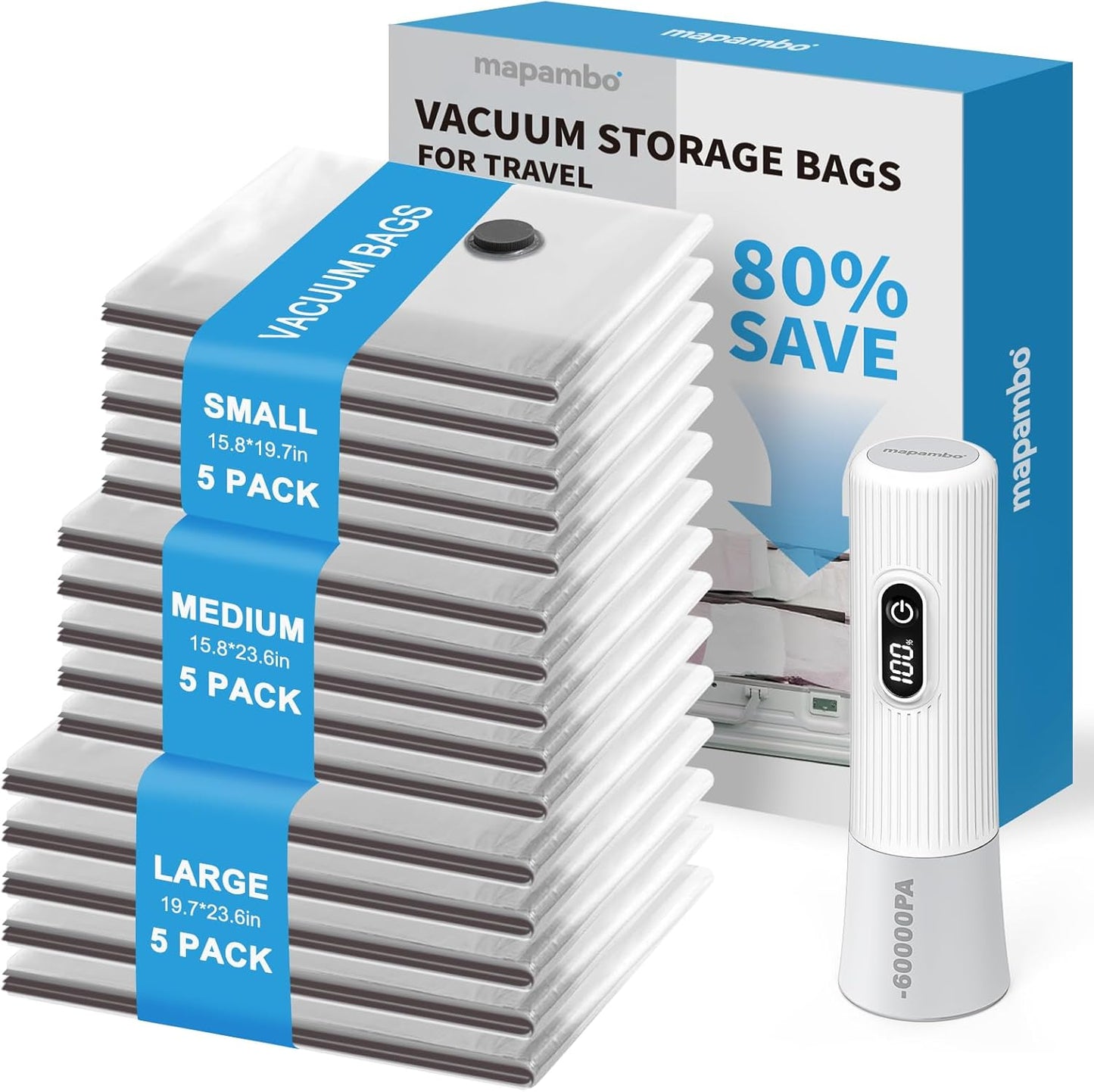 Mapambo Travel Vacuum Bags with -60000Pa LED Electric Pump, 15 Pack Vacuum Seal Bags for Clothing Travel in 3 Combo sizes, Space Saver Vacuum Storage Bags, Saving up to 80% of Space (15 Combo Size)