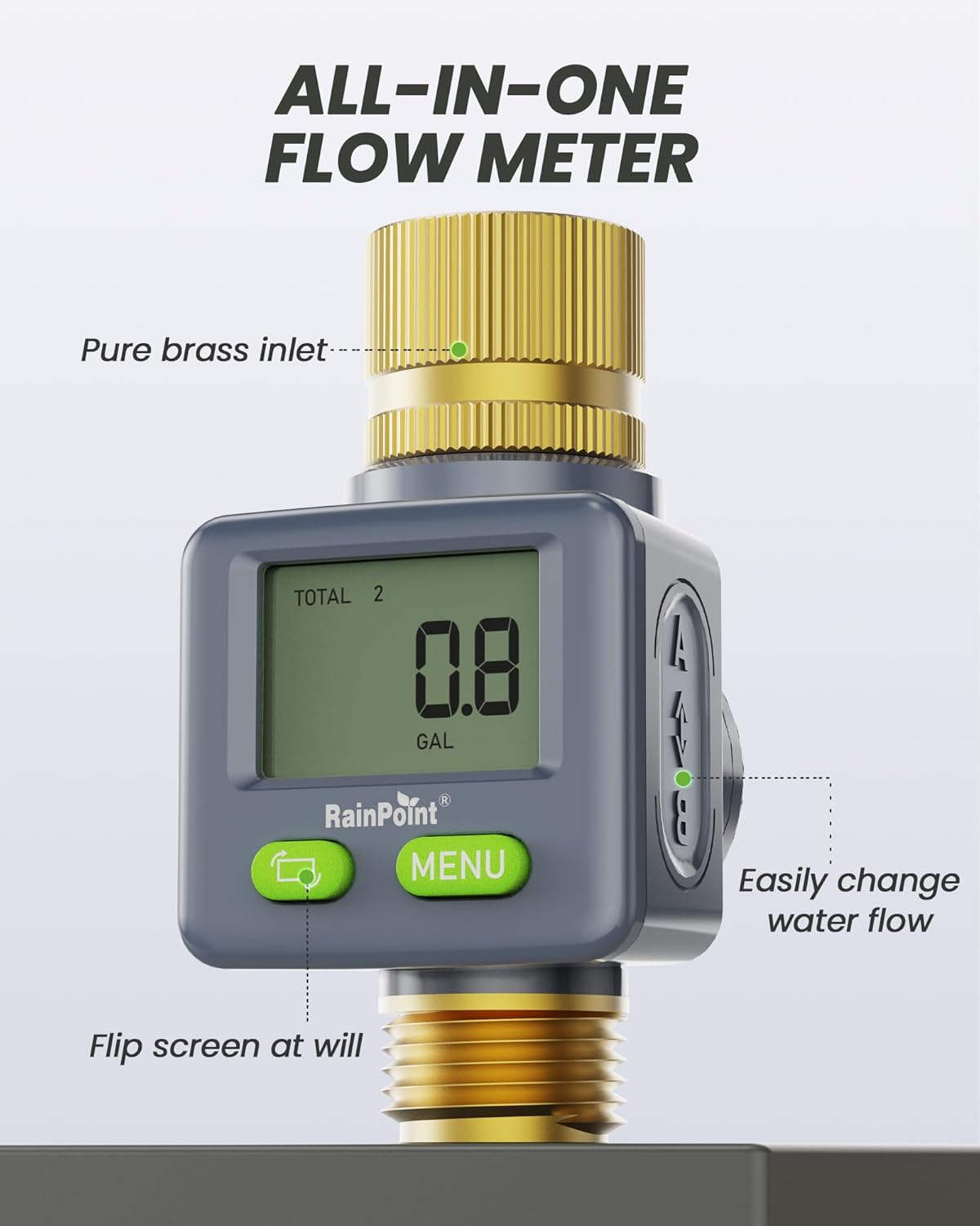 RAINPOINT Water Flow Meter with Brass Inlet & Outlet, 180° Screen-Flip