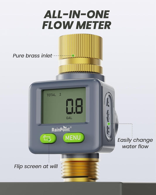 RAINPOINT Water Flow Meter with Brass Inlet & Outlet, 180° Screen-Flip