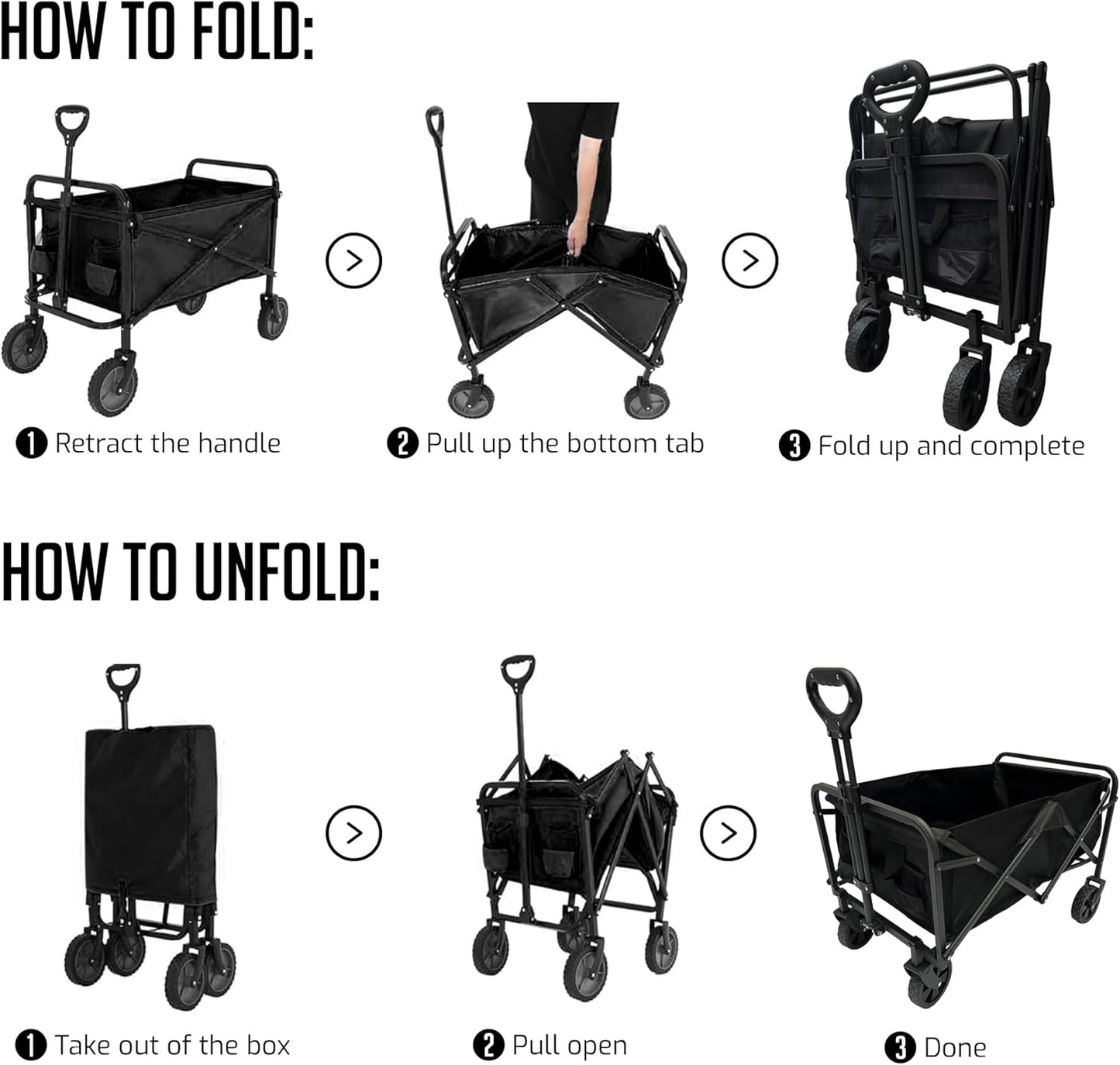 OVENTE Collapsible Foldable Wagon with 220lbs Weight Capacity, Heavy Duty Fabric and Metal Frame, Portable Folding Utility Cart for Grocery Shopping, Outdoor Sports, Beach and Camping, Black WFU011B
