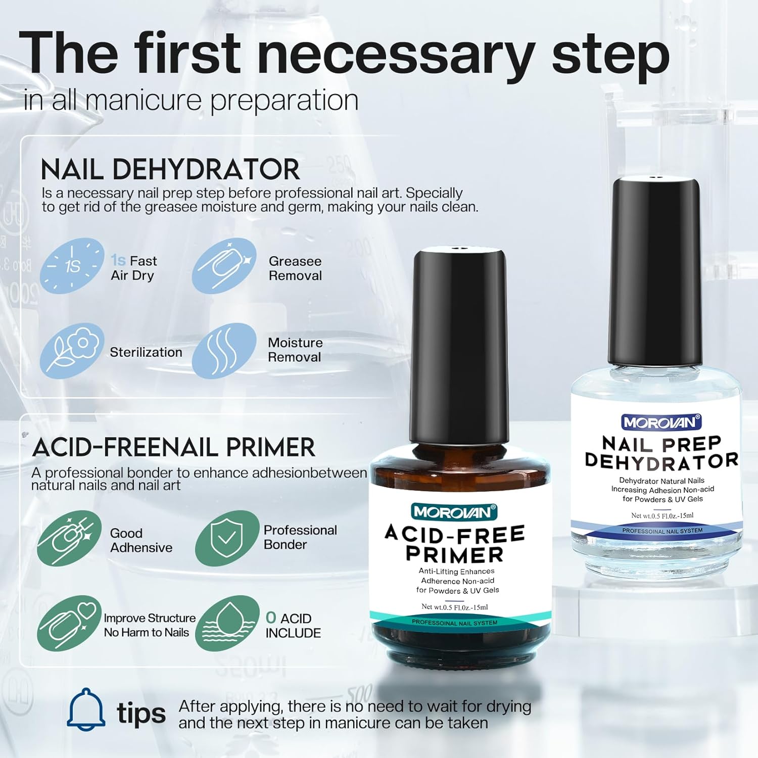 Morovan Professional Natural Nail Prep Dehydrate and Acid-Free Primer,