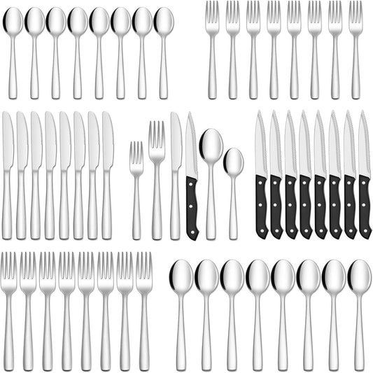 HIWARE 48-Piece Silverware Set with Steak Knives for 8, 18/8 Stainless
