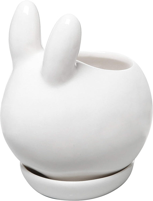 MyGift Mini Ceramic Bunny Planter, Decorative Rabbit Design White Small Flower Pot Succulent Planter with Detached Saucer
