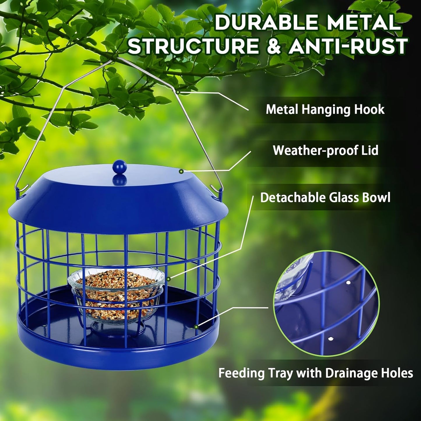 Caged Bluebird Feeder for Mealworms with Glass Bowl, Squirrel Proof Bird Feeder for Small Birds Only, Detachable Hook, Large Space, Outdoors Weatherproof, Metal, Blue