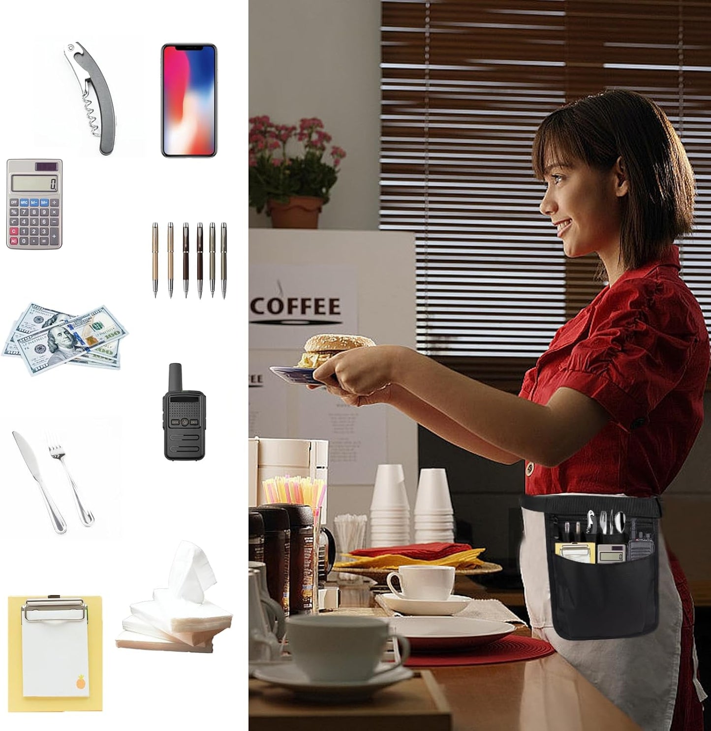 Server Apron,Restaurant Waitress Accessories Bag Utility Waist Pack fo