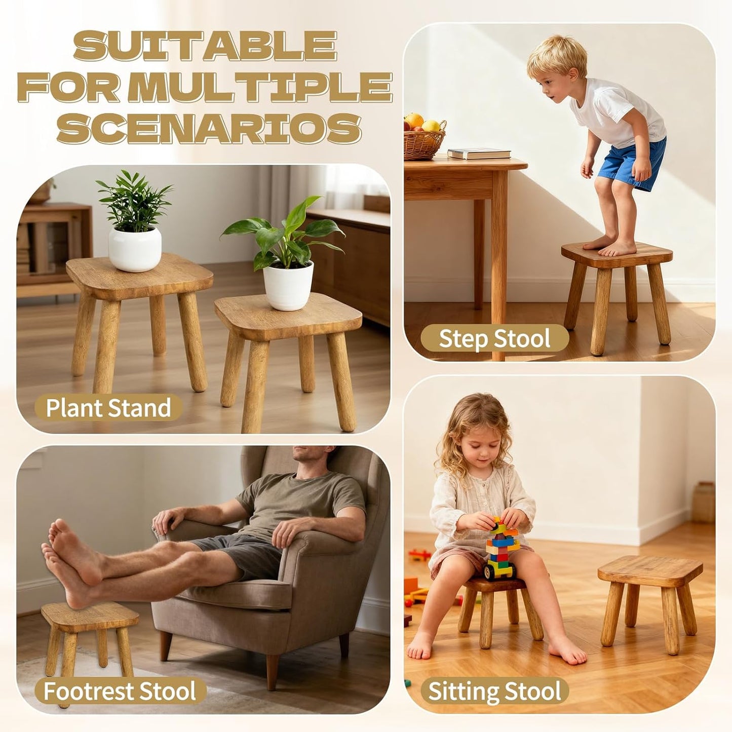 2 Pack Small Wooden Step Stools 9 Inch, Non-Slip One Step Stool Holds 300 lbs, Sturdy Bathroom Stool Plant Stand Square Footstool for Bedroom, Bathroom, Nursery, Easy Assembly