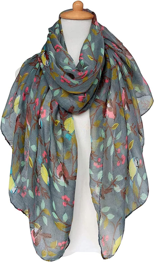 GERINLY Scarfs for Women Lightweight Floral Birds Print Cotton Scarves
