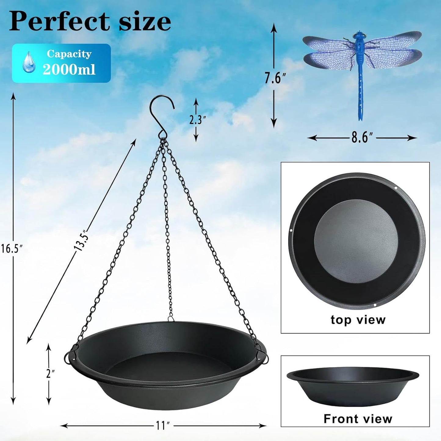 Hanging Bird Bath for Outdoors 11.4 inch Birdbath Bowl Window Birds Feeder with Rust-Proof Black Chains Hooks Metal BirdBaths Hanging Bird-Feeder for Garden Backyard Decor Metallic Black