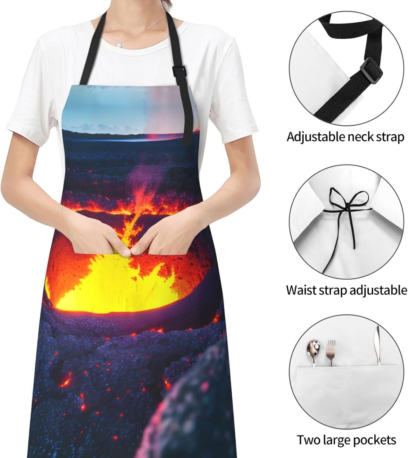 Kilauea Volcano Print Laundry apron 28x33 In Waterproof Kitchen Apron with Pockets for Cooking Baking
