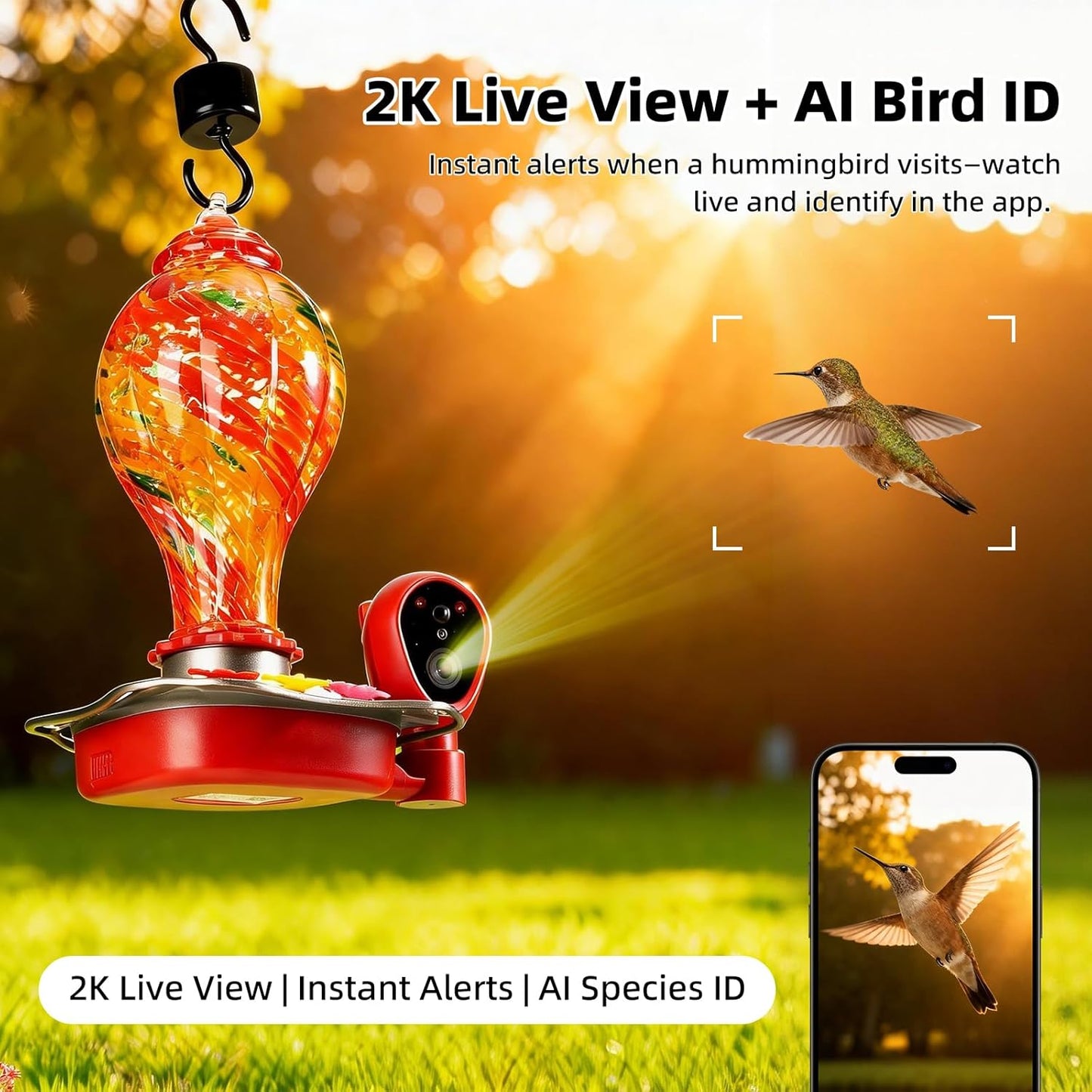 Smart Hummingbird Feeder with Camera, Solar Powered 2K HD Live View Glass Station, AI Bird ID & Motion Alerts, Auto Nectar Monitor, Leakproof Water Moat,Hummingbird Feeders for Outdoors & Hanging Gift