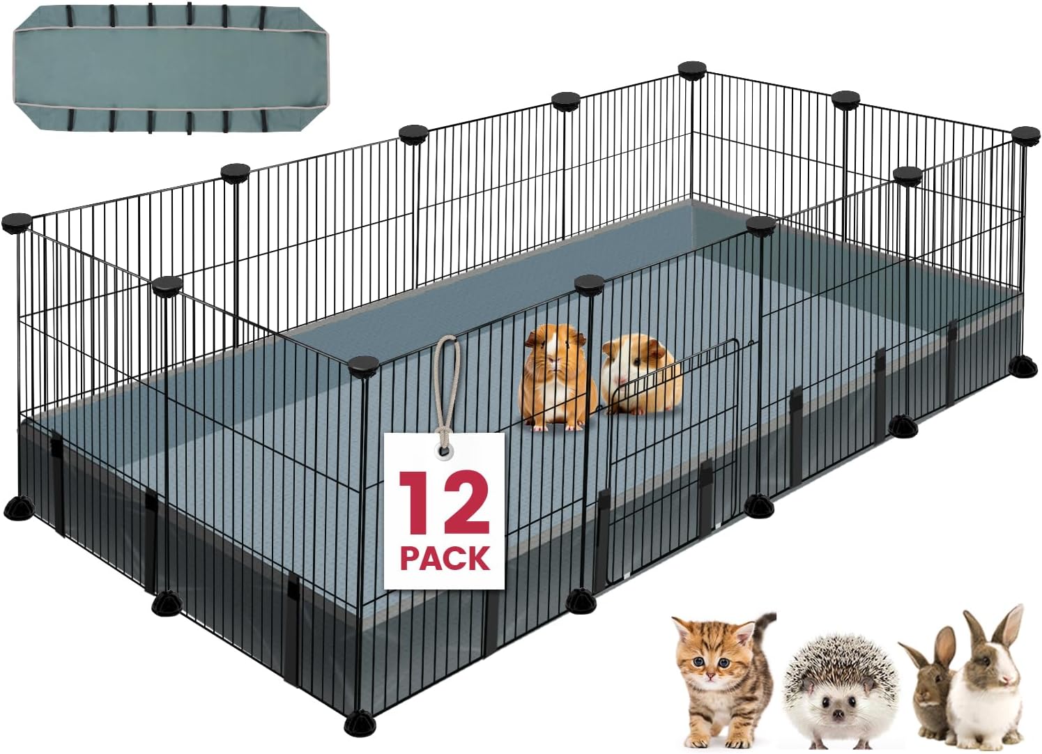 12 Panels Small Animal Playpen, 48" x 24" x 16" Pet Playpen with Water