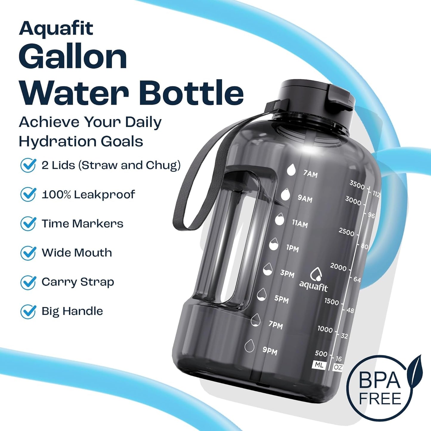 AQUAFIT 1 Gallon Water Bottle with Time Marker - Straw & Chug Lid - BPA Free Gym Water Bottle with Straw - Big Gallon Jug (Gray, 128 oz - 2 Lids)