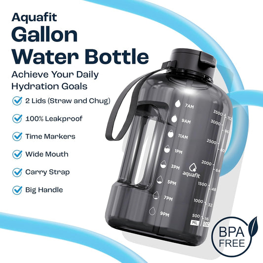 AQUAFIT 1 Gallon Water Bottle with Time Marker - Straw & Chug Lid - BPA Free Gym Water Bottle with Straw - Big Gallon Jug (Gray, 128 oz - 2 Lids)