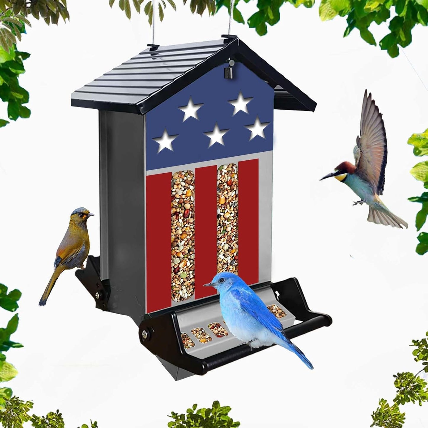 Squirrel Proof Bird Feeder, Hanging Bird Seed Feeders for Outdoors, 6LBS Large Capacity Metal Weight-Activated Perches Wild Birdfeeder for Blue Jay, Cardinal, Outside