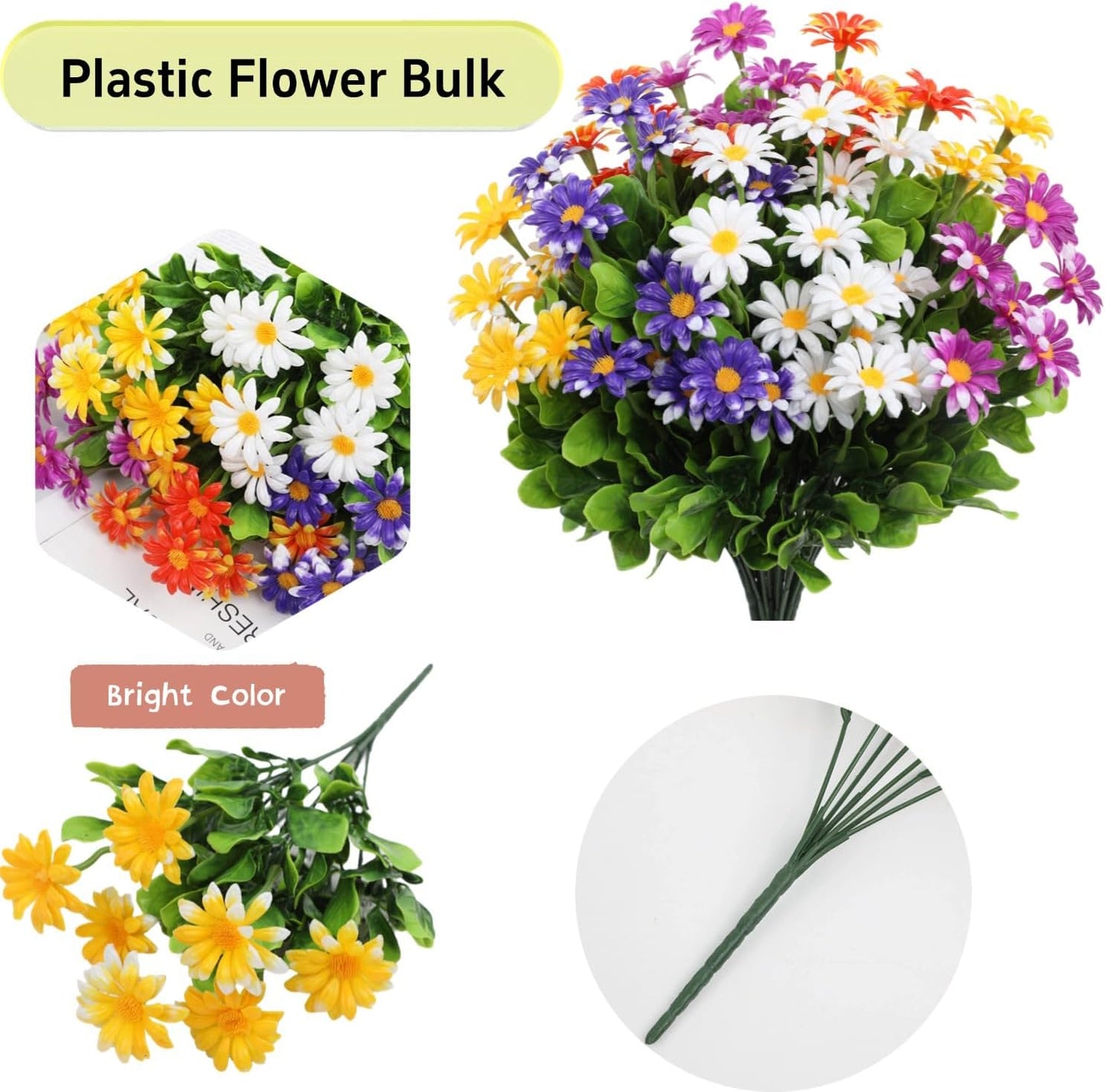 10 Bundles Outdoor Artificial Daisies Plastic Flowers UV Resistant Fake Daisy Flowers Faux Plants for Home Decor Indoor Outside Front Porch Window Box Planter Garden Pot Decoration