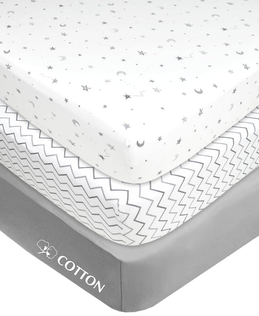 American Baby Company 3 Pack 100% Natural Cotton Fitted Mini Crib Sheets 38" x 24" - Soft & Breathable Small Nesting Portable Sheets, Fits Pack N Play Mattresses, Gray Star/Zigzag, for Boys & Girls