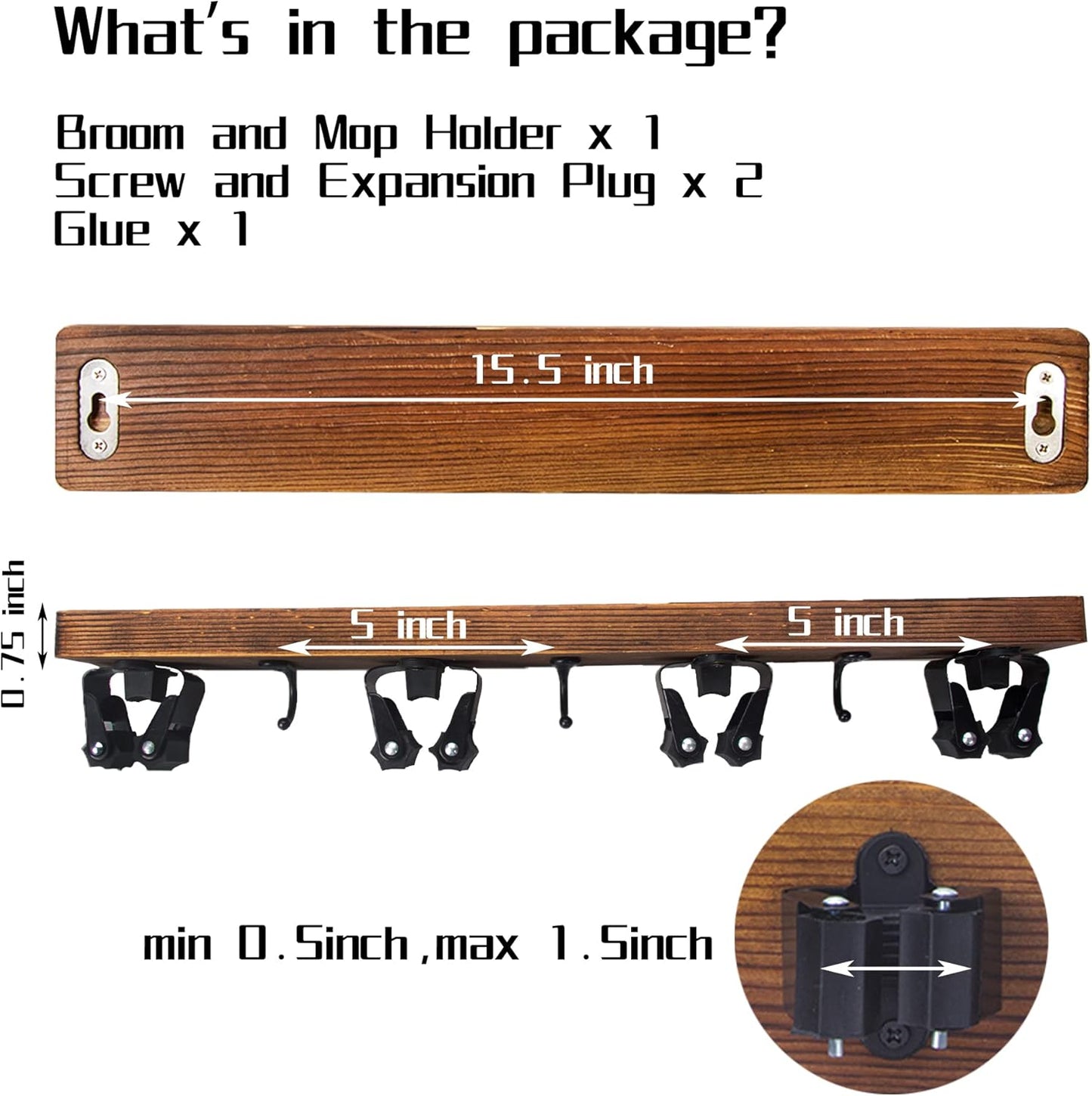 Mop and Broom Holder Wall Mount Solid Wood Broom Rack Wall Mount 4 Positions 3 Hooks for Home, Kitchen, Garden, Tools, Garage Organizing, Cleaning Supplies Organizer Indoor Outdoor