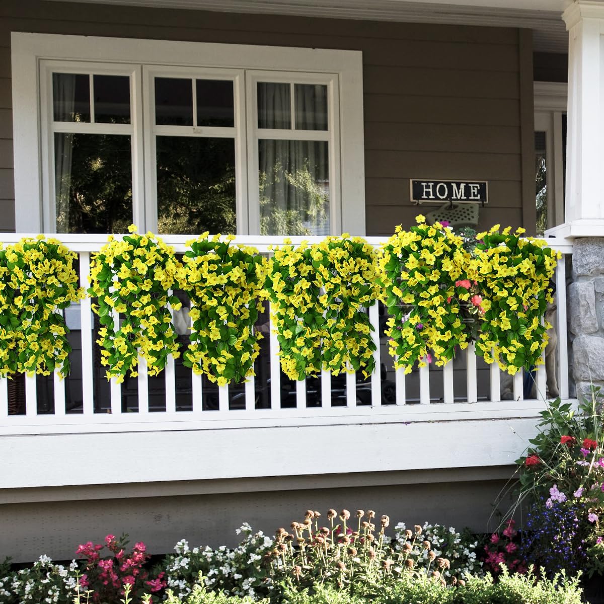 Artificial Fake Hanging Flowers Plants for Outdoor Spring Summer Decoration, 2PCS Faux Silk Violet UV Resistant Look Real Trailing Vines for Outside Home Planter Porch Patio(Yellow)