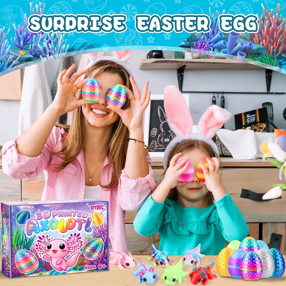 DIYDEC 24pcs Easter 3D Printed Animals Axolotl Figurines with 3D Printed Eggs Mini Fidget Toys for Kids Boys Girl Easters Basket Stuffers School Classroom Prizes Egg Hunt Party Favors Gifts