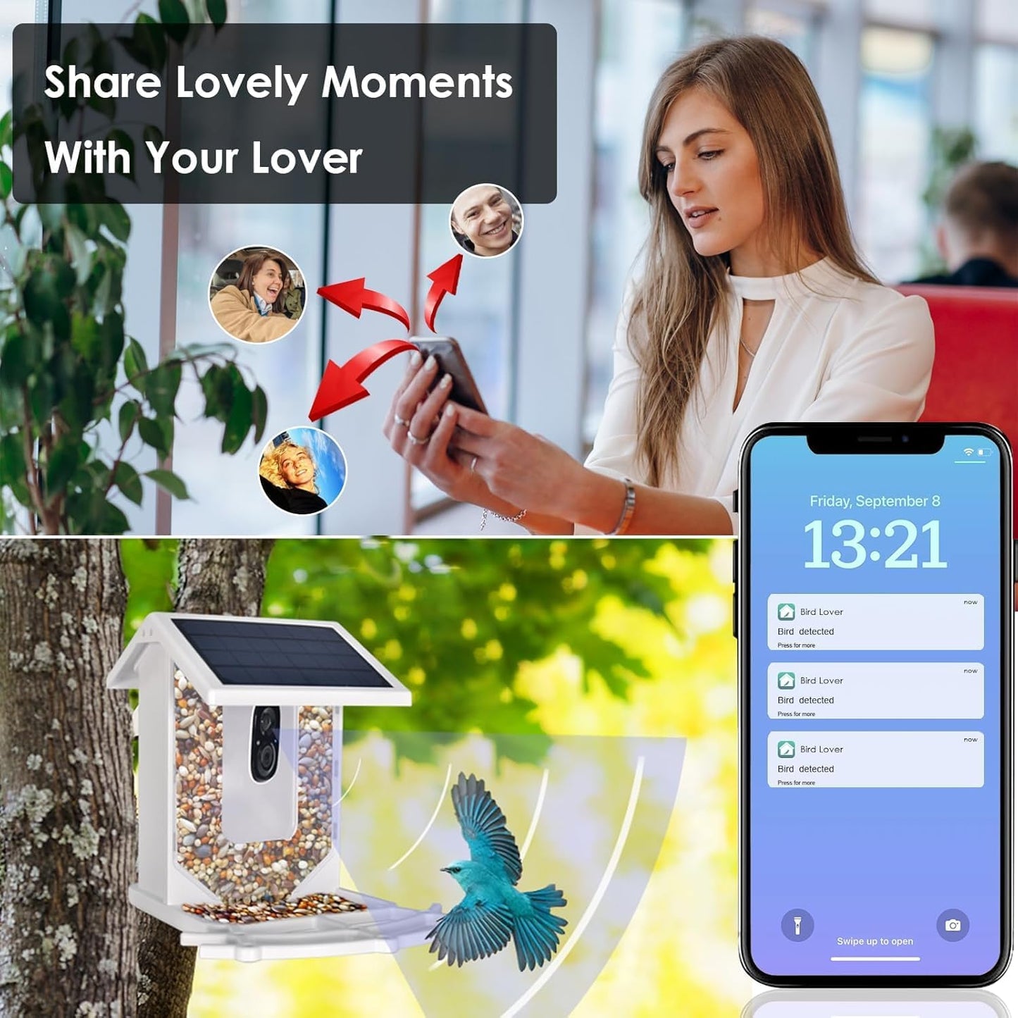 AIMOEST Smart Feeder with Camera, Outdoor Feeding House 2.5L Waterproof, Solar-Powered, HD Watching Cam with AI Identity, Instant Arrival Alert, Squirrel Proof