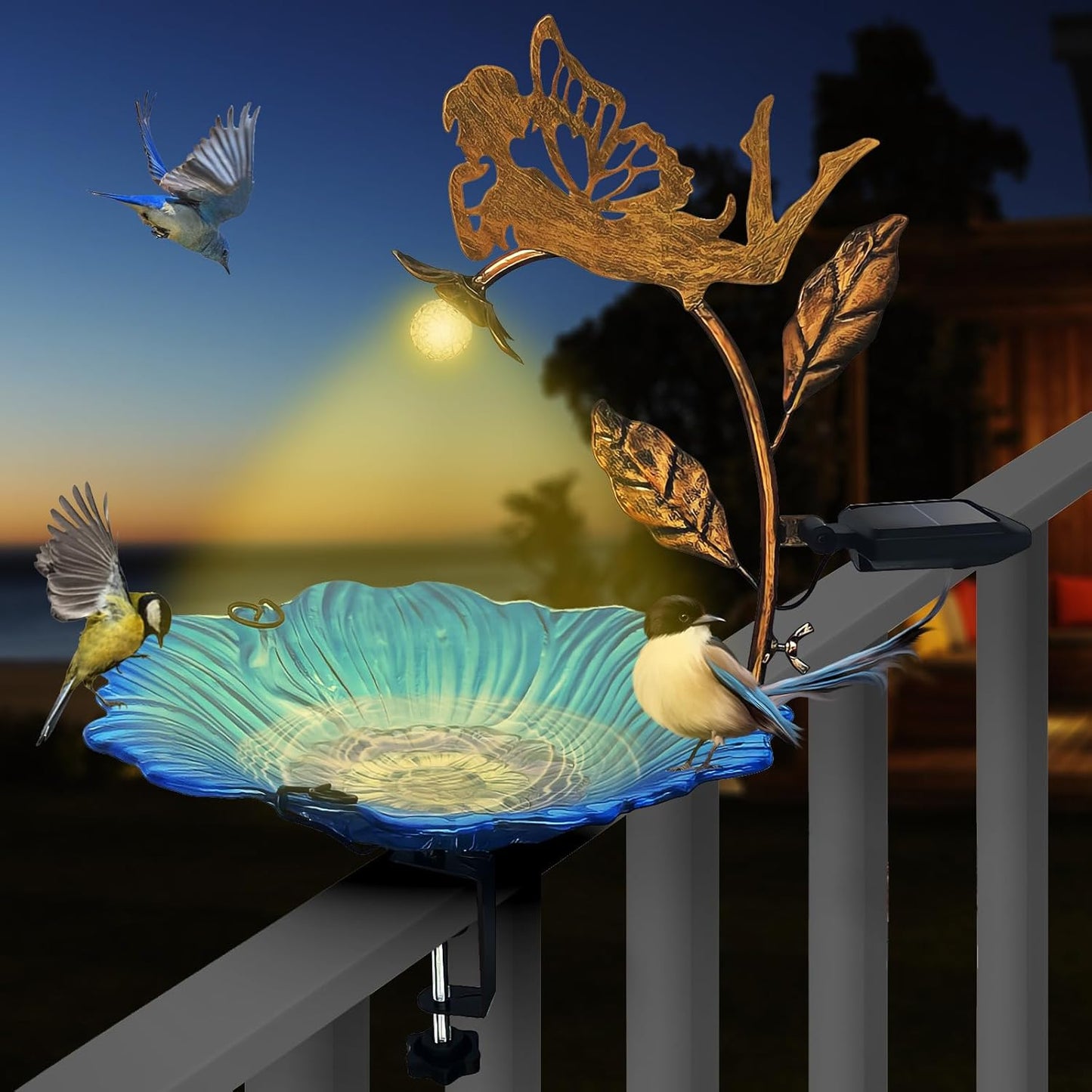 Homight Deck Installation Bird Bath, Hummingbird Solar Bird Bath LED Lights, Adjustable Metal Weather Resistant Durable Deck Bird Bath Bracket, Outdoor Balustrade, Garden, (Angels Holding Lanterns)