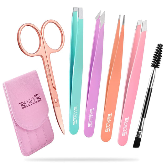 TsMADDTs 6 pcs Tweezers Set for Women, Eyebrow Tweezers with Curved Sc