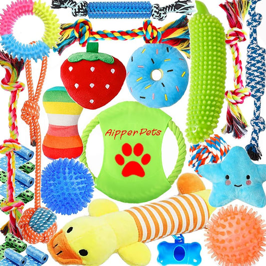 Dog Toys 25 Pack for Fun and Teeth Cleaning, Puppy Chew Toys Pack with