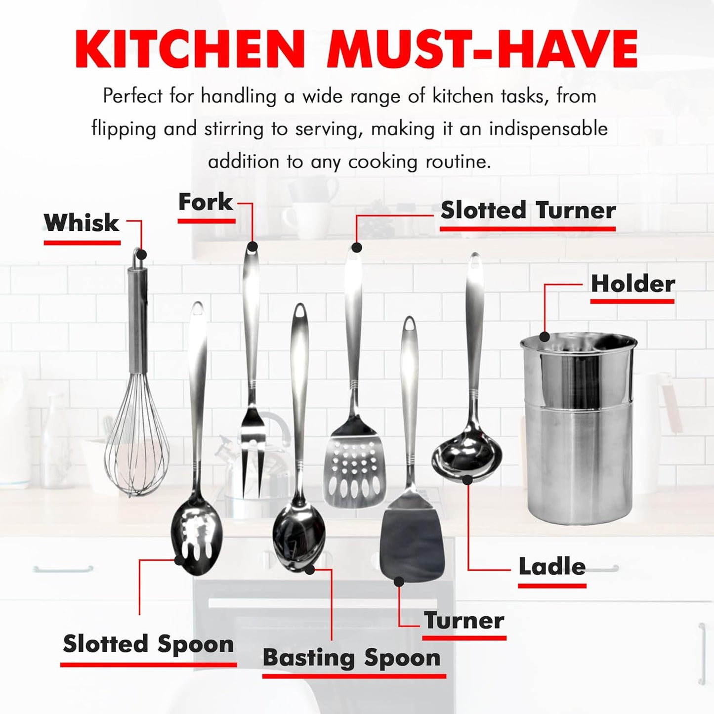 Chef Craft - 8 Piece Stainless Steel Kitchen Utensils Set with Utensil
